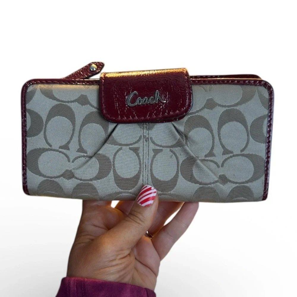 Coach Tan and Burgundy Signature Wallet Red designer wallet purse clutch card